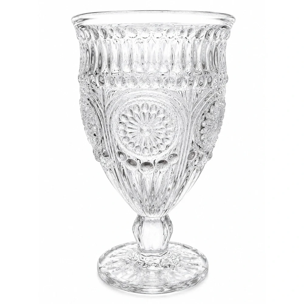 Pioneer Woman Adeline Goblets Set Of 5 Clear 12 Oz Embossed Floral Pressed Glass